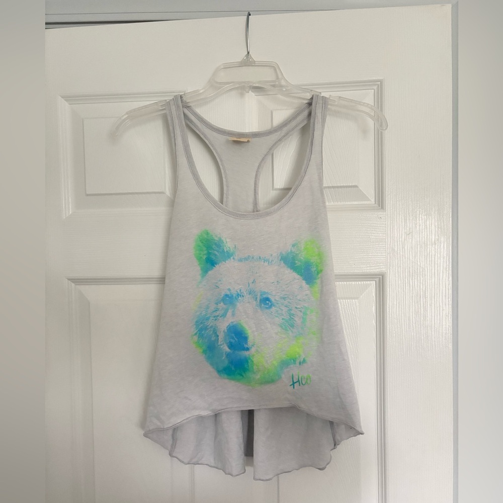 HOLLISTER CO JUNIORS NEON BLUE GREEN BEAR GRAPHIC HIGH LOW CROP SOFT TANK TOP S